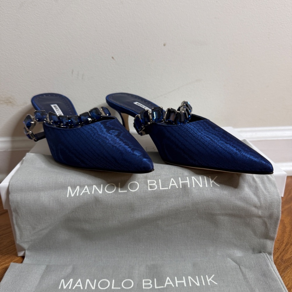 Manolo Blahnik Navy Blue Jeweled Slingback Pumps - Picture 2 of 8